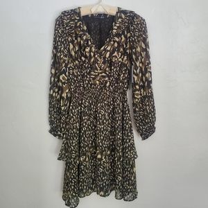 NWT Black Tape Macy's Dress Green Beige Animal Print Long Sleeve Ruffle XS